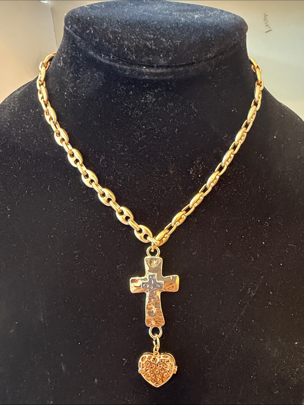 Gold-Tone Cross and Heart Pendant Necklace - Women's Jewelry
